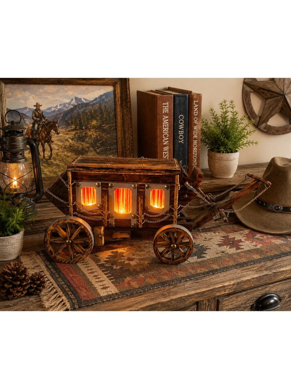 Covered Wagon Lamp Rustic Western Folk Art Electric Wagon Light Americana